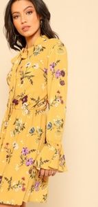 Floral Yellow Bell-Sleeved Dress